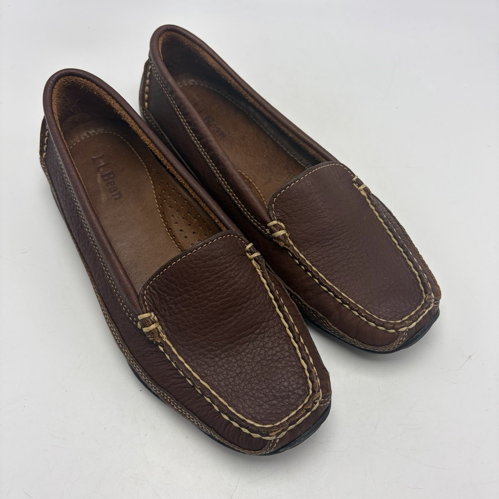 LL Bean Leather Moccasin Driving Loafer Womens 8 Wide Shoe Brown Pebbled Preppy